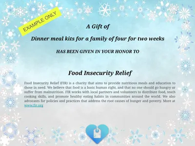 A certificate for a dinner meal kit donation